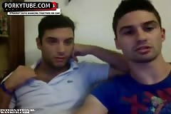 Handsome uncut straight guys wank together on webcam
